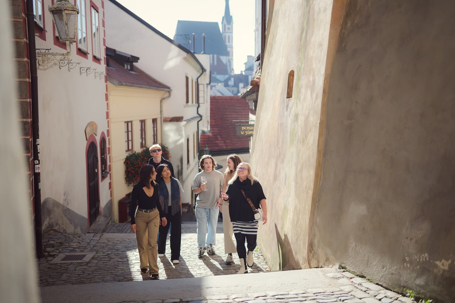 Sylva walking a small group up a cobbled lane below the castle